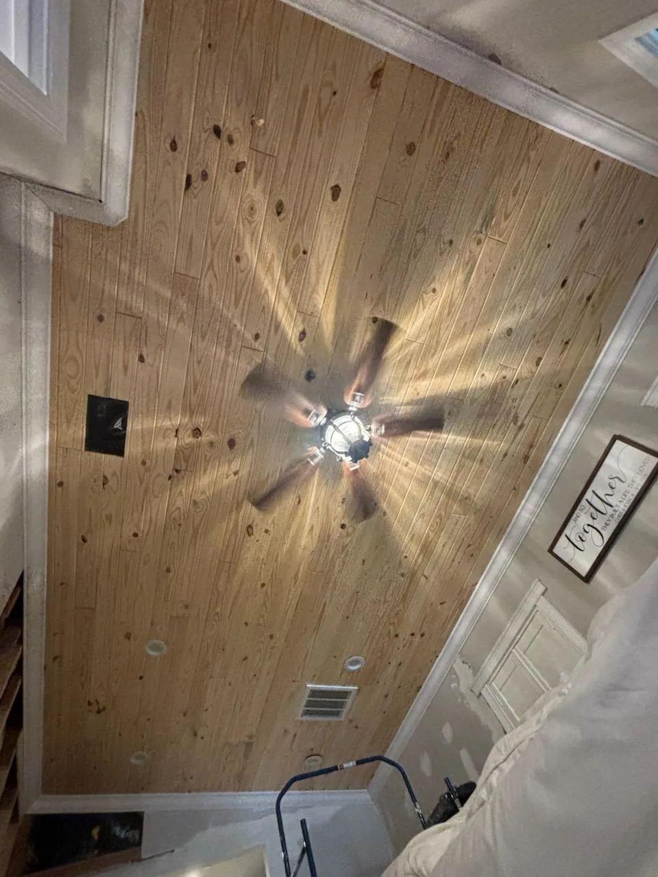 Finished tongue-and-groove ceiling detail